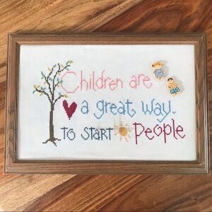 Vintage primitive counted cross stitch framed art